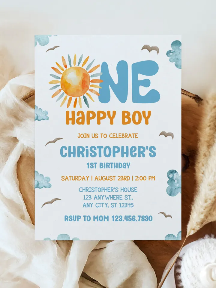 One Happy Boy Birthday Invite, First Birthday Evite, First Birthday Invitation, Phone Invite, 1st Birthday Invitation I120