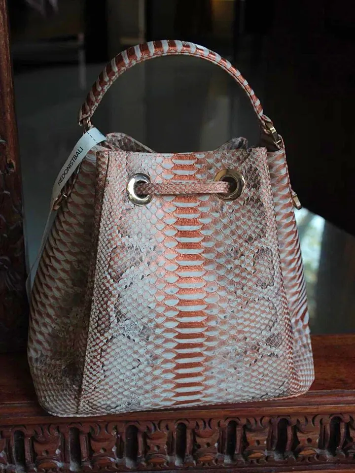 Genuine python skin peachy gold bucket crosshandle bag designer women purse | classy elegant crossbody PAULA bag | exotic leather bags |