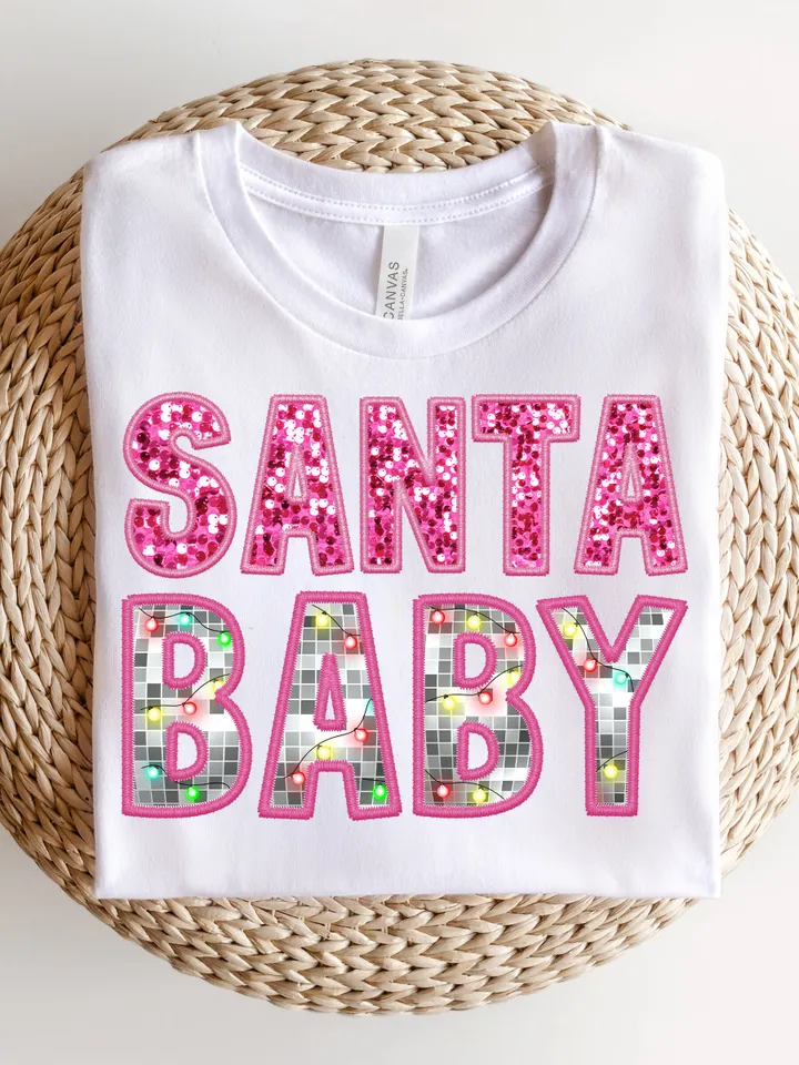 Santa baby preppy disco Christmas lights digital Faux Glitter Sequins Embroidery Letters PNG Christmas Lights, Trendy pink Christmas