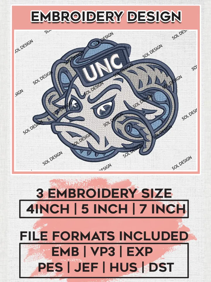 North Carolina Tar Heels Mascot Embroidery Designs, NCAA Logo Embroidery Files, NCAA North Carolina Tar Heels Logo, NCAA Embroidery Designs, Machine Embroidery Designs, Digital Download