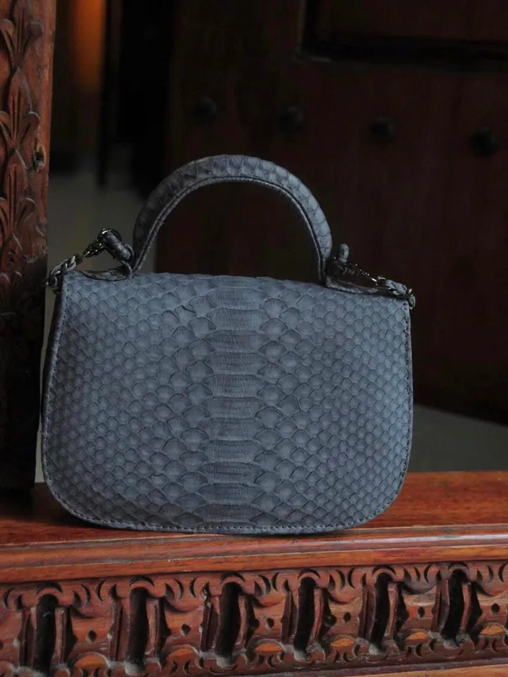 Genuine Python Skin Top Handle Gray Crossbody Bag | Exotic Leather Bags | Snakeprint Bag | Handmade Designer Bag | Gift For Her