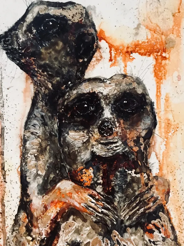 Couple of meerkats,original mix media painting on yupo paper,alcohol inks and watercolour painting,wall decoration,unique gift.