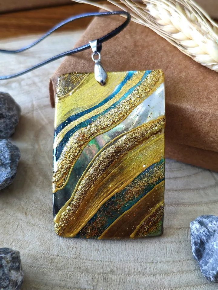 Pearl pendant necklace: Gold blue water on handmade jewelry • abstract art style • trendy necklace for woman • astonishing gift for her