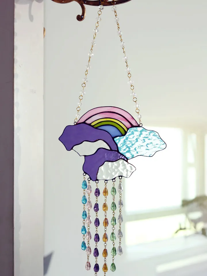 Stained Glass: Rainbow with Six Rainfalls, Hanging Stained Glass, Stained Glass Pendant, Decorative Interior Hanging, Rainbow Stained Glass, Stained Glass with Rainbow, Clouds, and Rain,Rain Stained Glass,Stained Glass with Rainbow for Interior Decoration