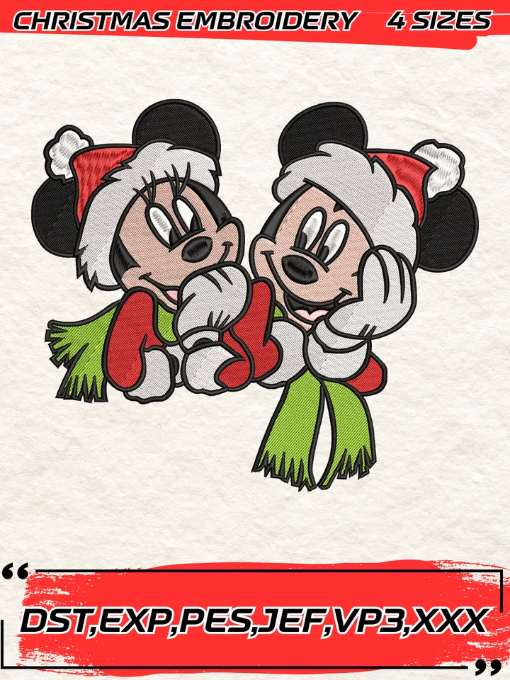 Mouse Disney Christmas Embroidery Design, Couple Mickey and Minnie Embroidery Digitizing File,4 Sizes, Digital Download