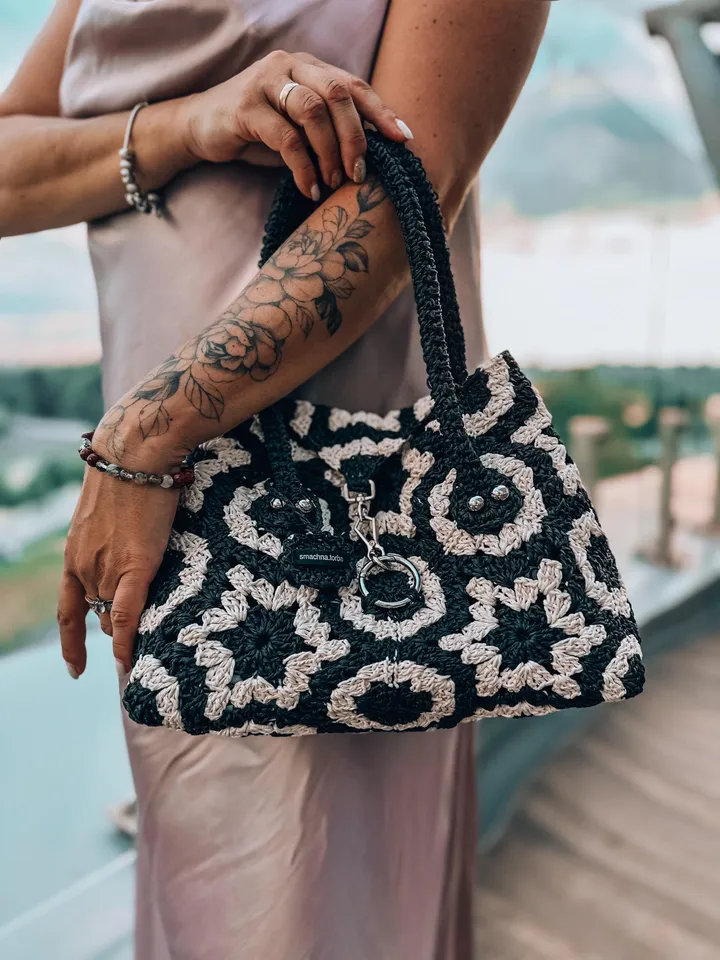 Raffia monochrome women handbag, Eco-Friendly, shoulder tote, autumn women bag, boho hobo pouch, cottegecore, black white clatch, market han