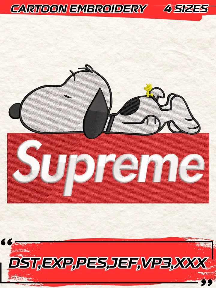 Snoopy Supreme Embroidery Design, Snoopy Embroidery Design ,Machine Embroidery Design File,4 Sizes, Digital Download