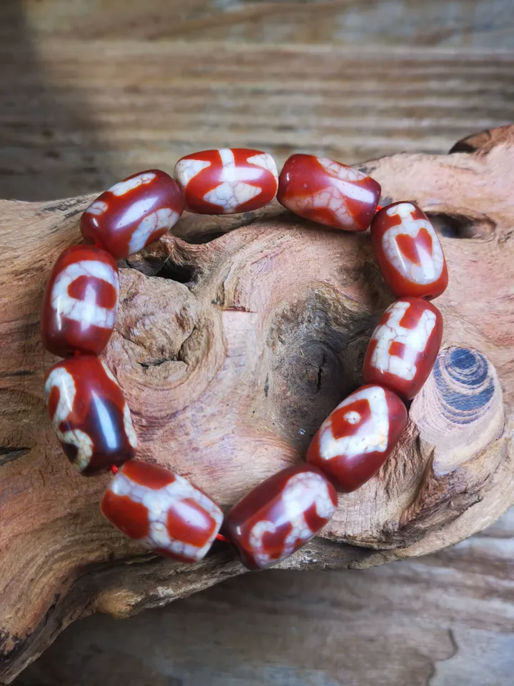 Gandhanra Old Tibetan Dzi Bead Bracelet, Fire Agate Beads Bracelet,Mixed Swastika,Vase,Lotus,Tiger Tooth,and Phum Dzi Beads