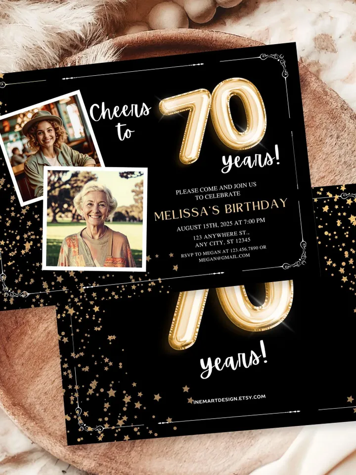 70th Birthday Invitation with Photo Adult Women's Cheers to 70th Birthday Invite Black and Gold Party Card for Grandma Canva Template