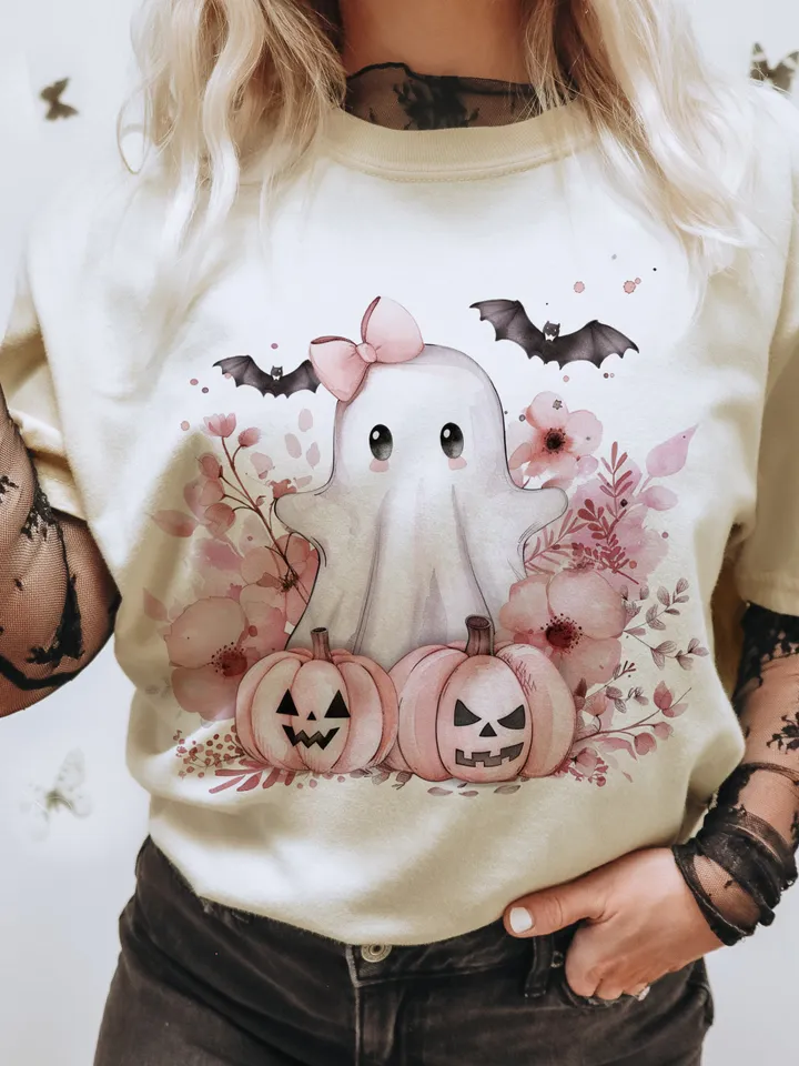 Pink Halloween PNG, Spooky Ghost, Autumn sublimation design, Fall PNG, Pumpkins, leaves PNG, Watercolor Sublimation, Coquette Pink Ghouls