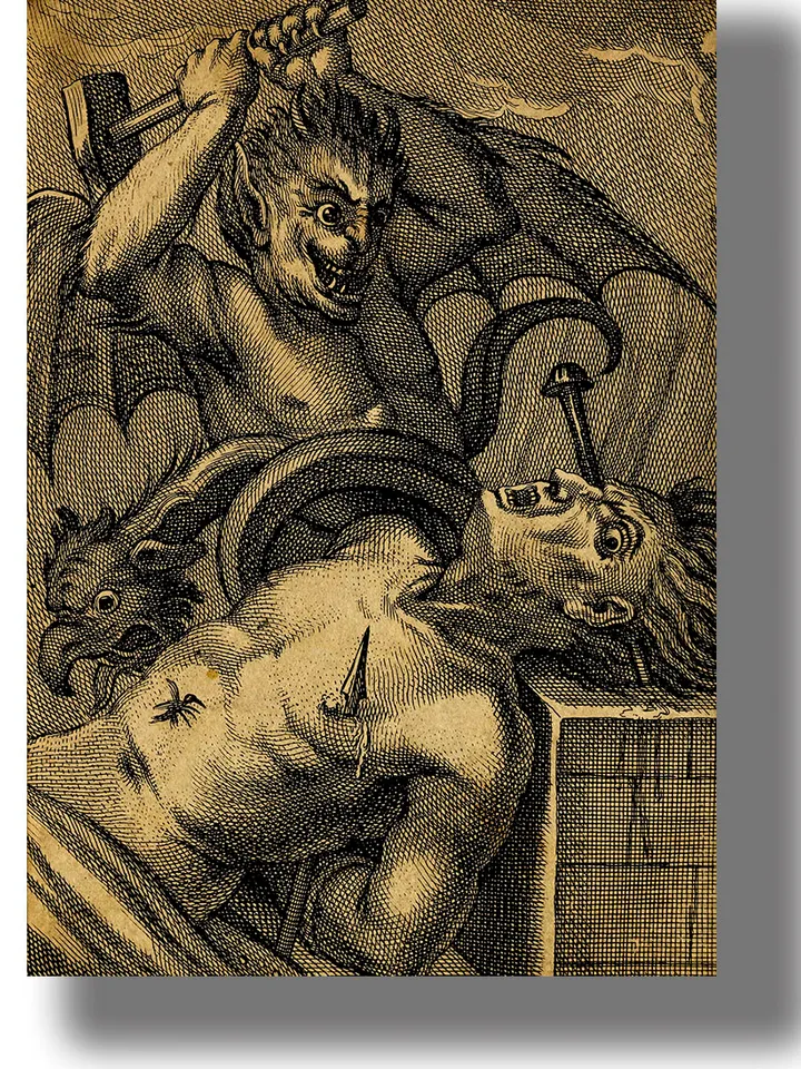 Torment of sinner in hell. The demon punches the sinner's head with a huge nail.
