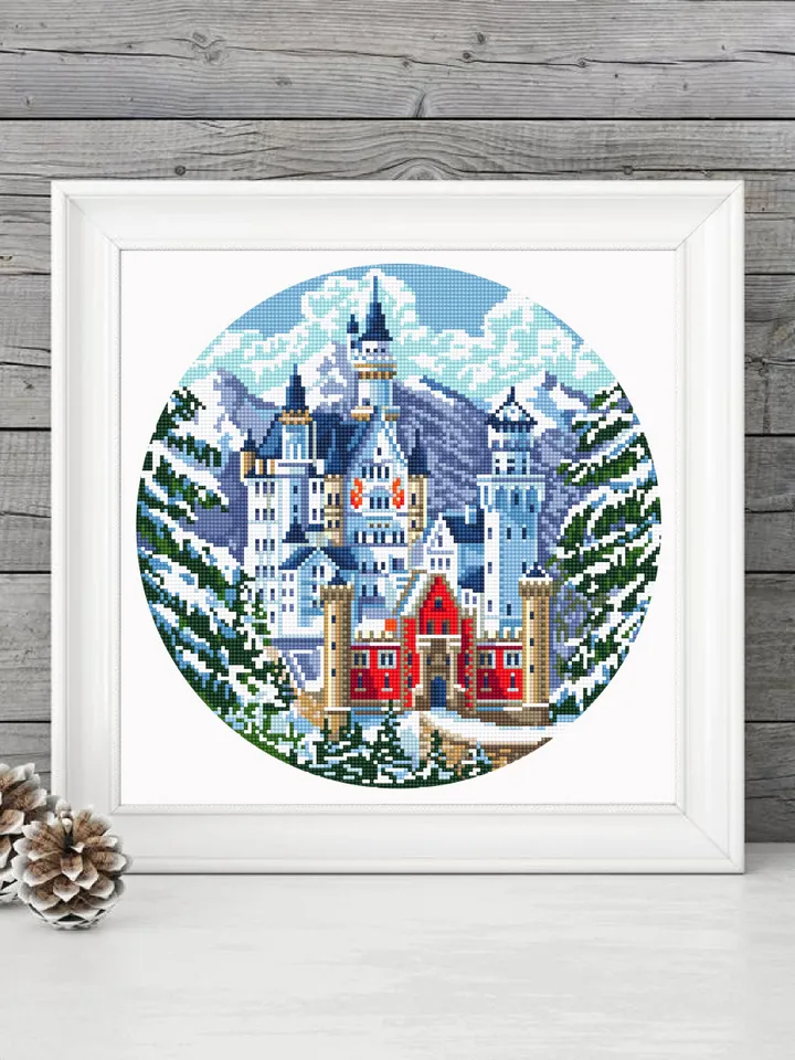 Winter landscape cross stitch pattern download PDF Neuschwanstein castle cross stitch chart, Nature embroidery digital, Snowy mountains #C3