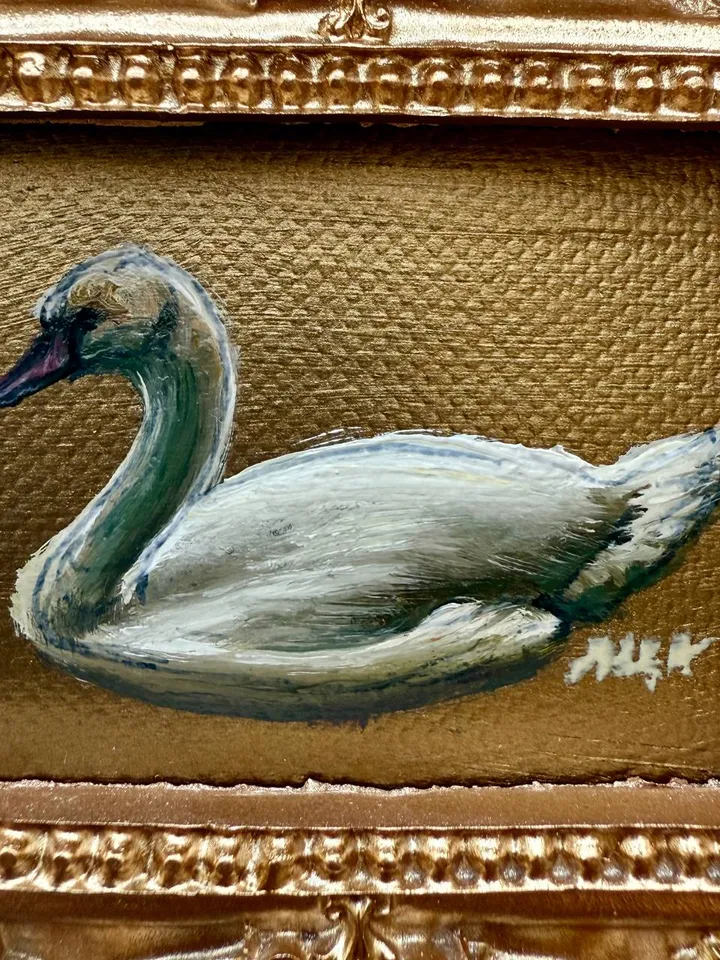 Framed Swan Oil Painting Original White Swan Art Bird Painting Gold Frame Dark Academia