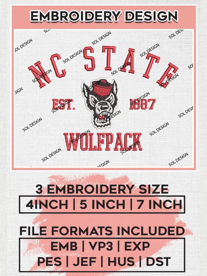 NC State Wolfpack Est 1887 Embroidery Designs, NCAA NC State Wolfpack Team Embroidery, NCAA Team Logo, 3 sizes, Machine embroidery Files, Digital Download