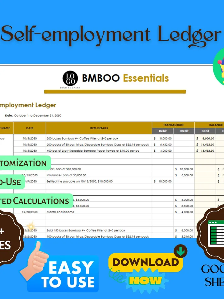 Self-Employment Ledger Template, Editable Google Sheets, Digital Download for Income & Expense Tracking for Freelancers and Entrepreneurs