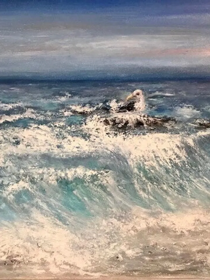Seascape and a seagull oil painting hand made,waves,stones and a beach.Stretched canvas. Size 50/70 sm,27.5/19.6 inches.