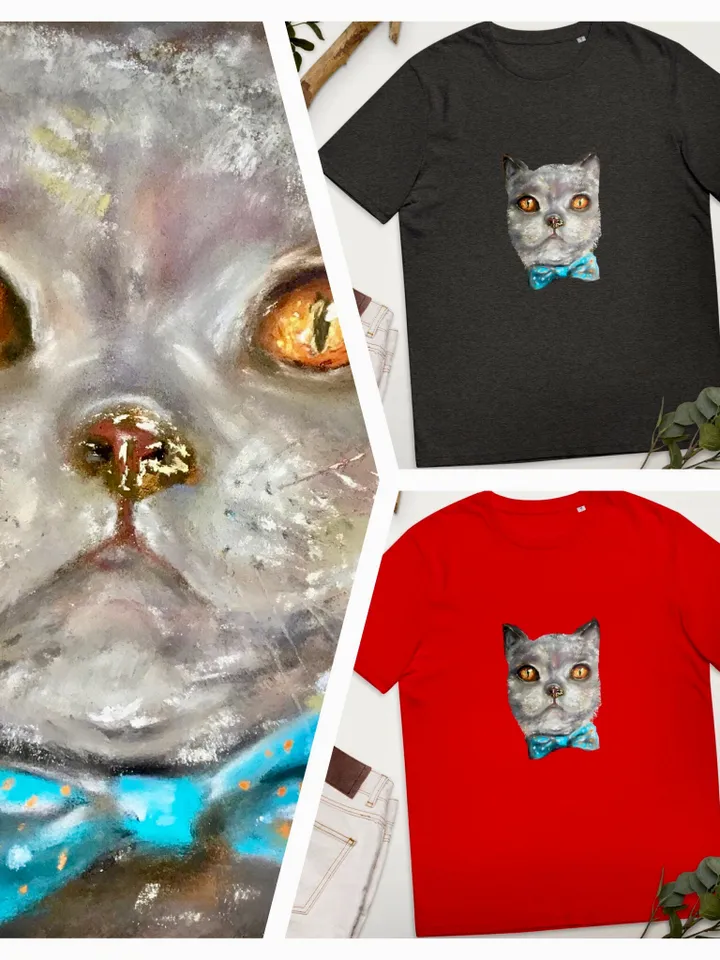 Cat in a bow tie Unisex organic cotton t-shirt made with my original soft pastel painting,funny animals t shirt gifts.