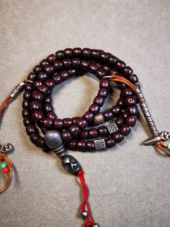 Gandhanra Handmade Antique 108 Lotus Beads Mala with Cold Iron Amulet Beads and Counters,Old Prayer Beads Necklace
