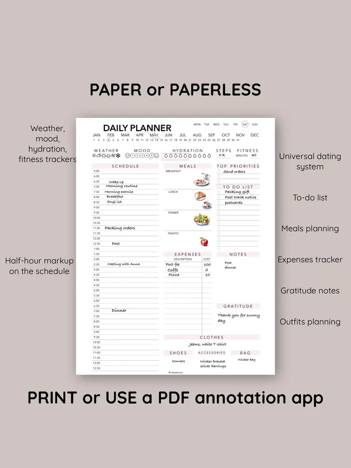 Daily Planner Template with Half-Hour Schedule, Menu, Expenses, To-Do, Outfit, Weather, Mood, Fitness, and Hydration. Trackers for Housewives, Working Moms, and Students. Daily agenda.