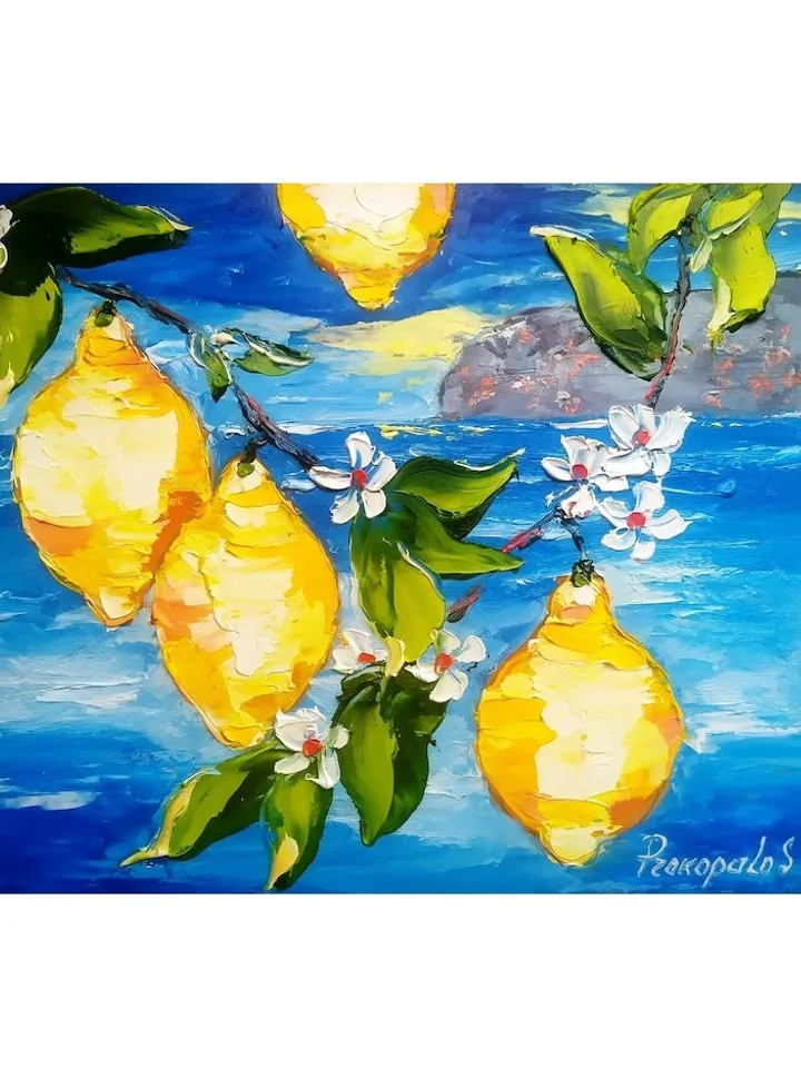 Lemon Italy Painting Coastal Painting Seascape Painting Sorrento Abstract Italy Painting Art Original Art Impasto Oil Painting