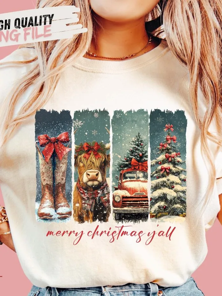 Merry Christmas Yall Vintage small town christmas PNG, Cowgirl Png, Small town girl PNG, highland cow Christmas png, Christmas western
