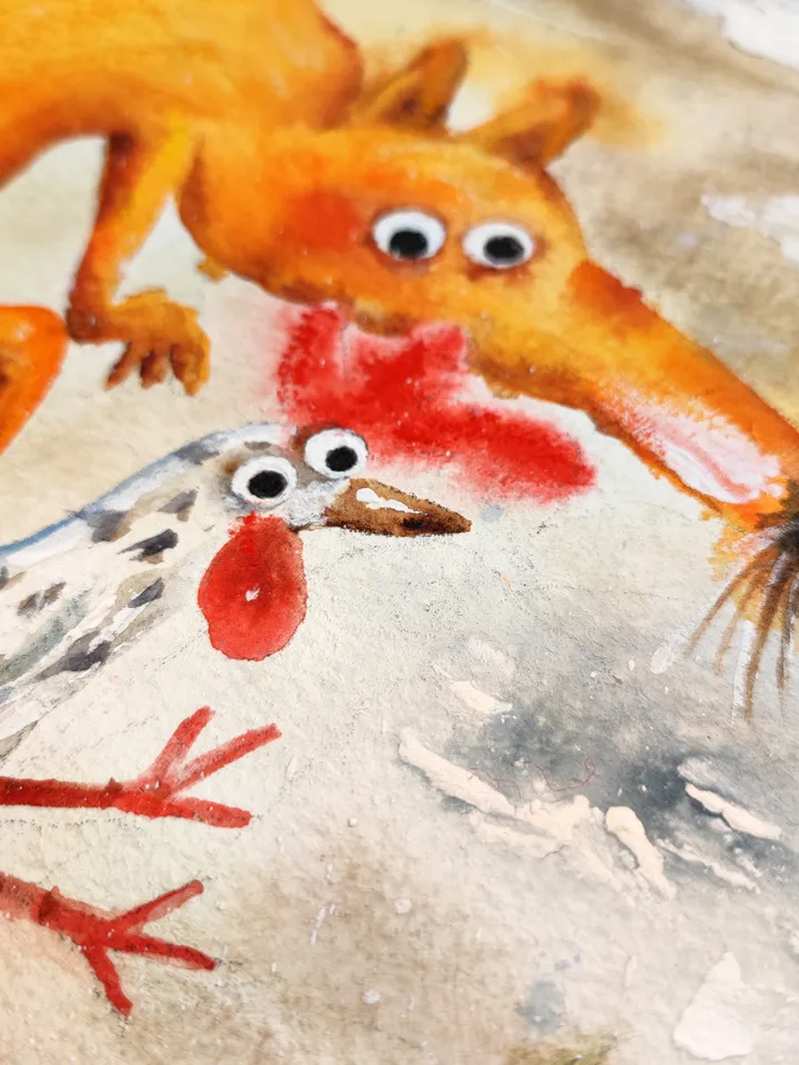 26×26cm Artwork by Julia Schigal "Fox and Chicken" - watercolor, gouache