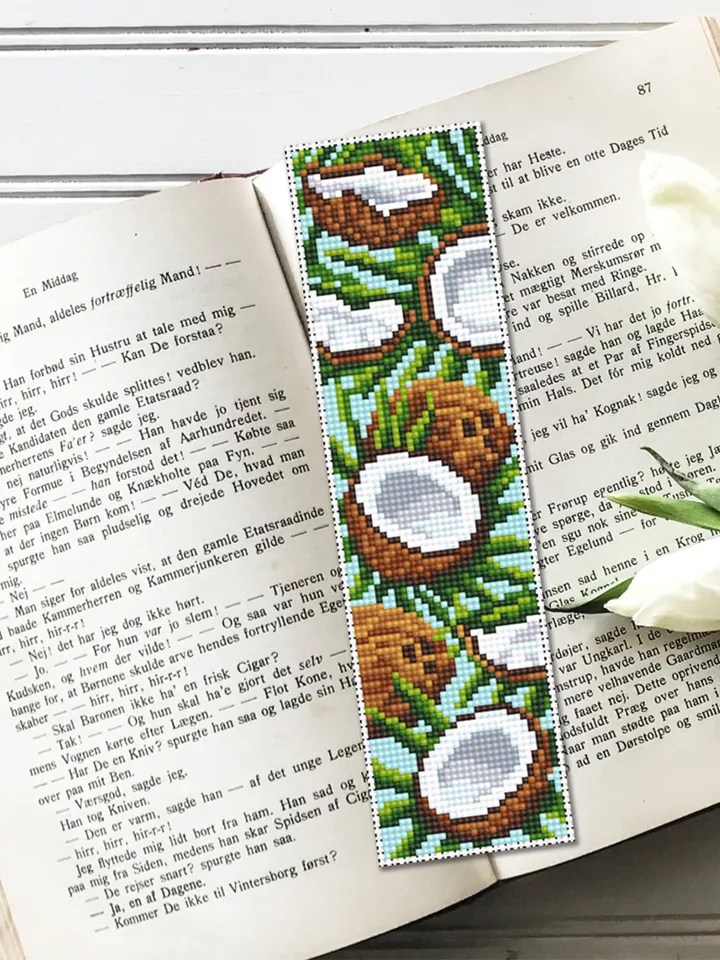 Summer bookmark cross stitch pattern PDF download Tropical fruit Coconut cross stitch chart, Digital bookmark pattern, Unique bookmark #B154