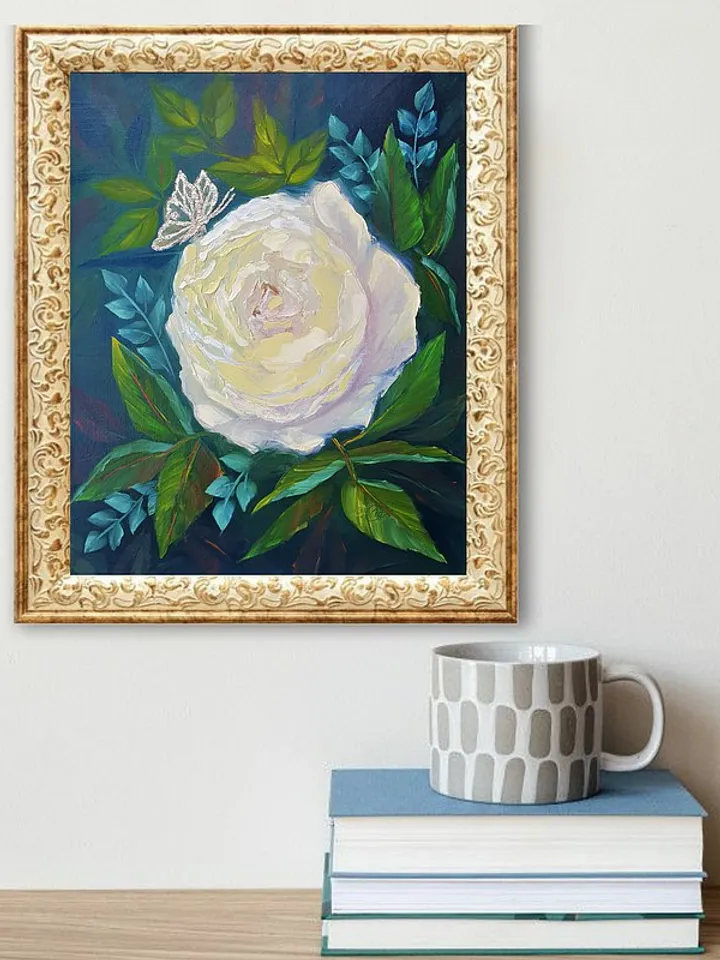Rose Painting Butterfly Original Art Flower Wall Art Floral Canvas Oil Painting