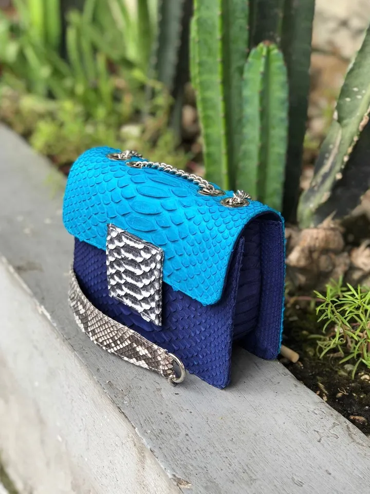 Small Blue Genuine Python Skin Crossbody Bag | Designer Leather Bag | Evening Chain bag | Exotic Leather Bag | Woman Evening Bag Light Blue