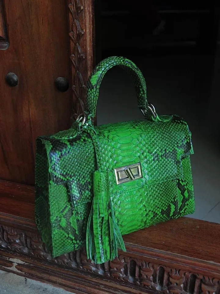 Top handle bright green classy genuine python skin bag | exotic leather bags | Elegant everyday women purse | snakeskin bag| designer bag