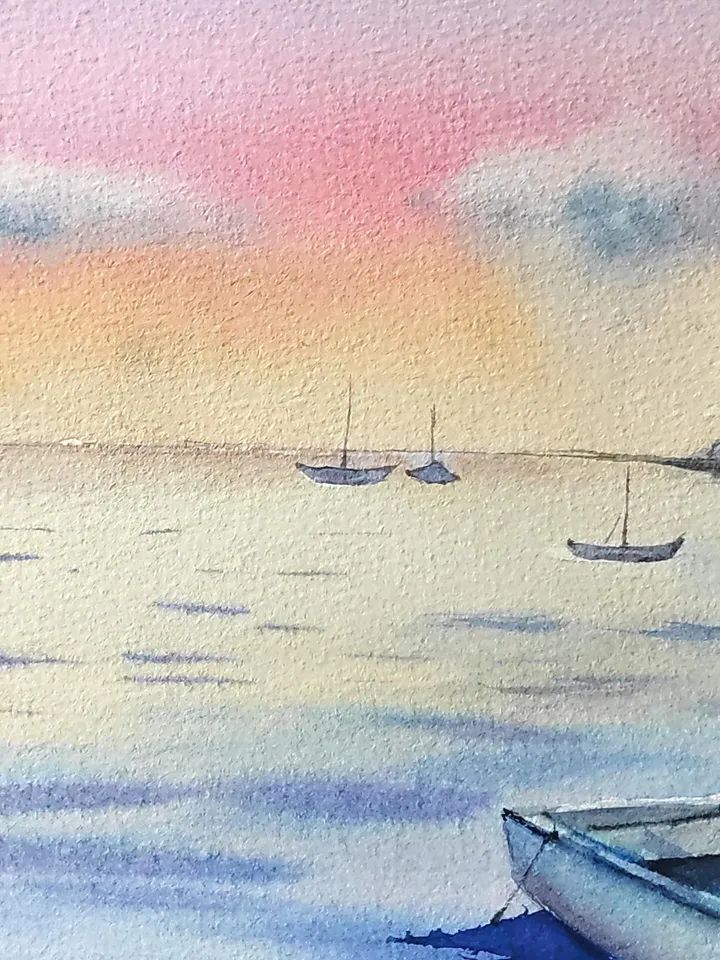 Sea Landsape Painting Original Watercolor Art Sea Sunset in Watercolor 10.62x15.35 in by Art Café