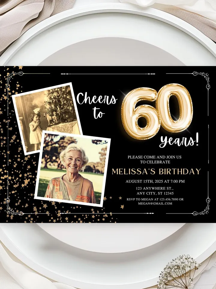 60th Birthday Invitation with Photo Adult Women Men Cheers to 60th Birthday Invite Black and Gold Party Card for Grandma Canva Template