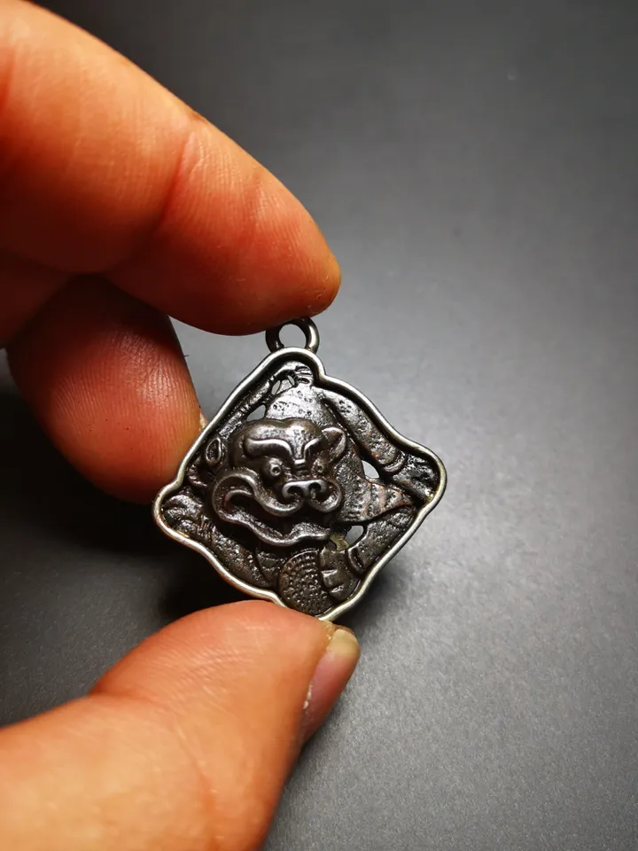 Gandhanra Antique Tibetan Buddhist Amulet,Tiger-the Four Dignities(Garuda,Tiger,Dragon,Lion),Buddhist Protective Talisman,Inlaid with Sliver
