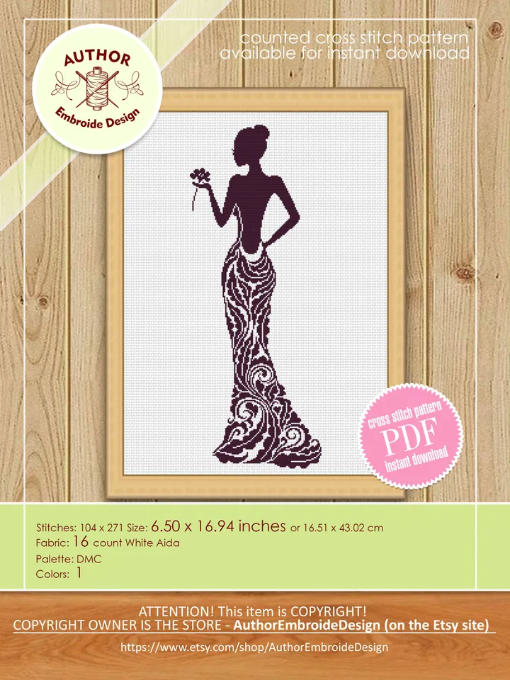 Elegant Dress cross stitch pattern download PDF Woman silhouette cross stitch chart, Monochrome cross stitch mandala dress, Home decor #M195