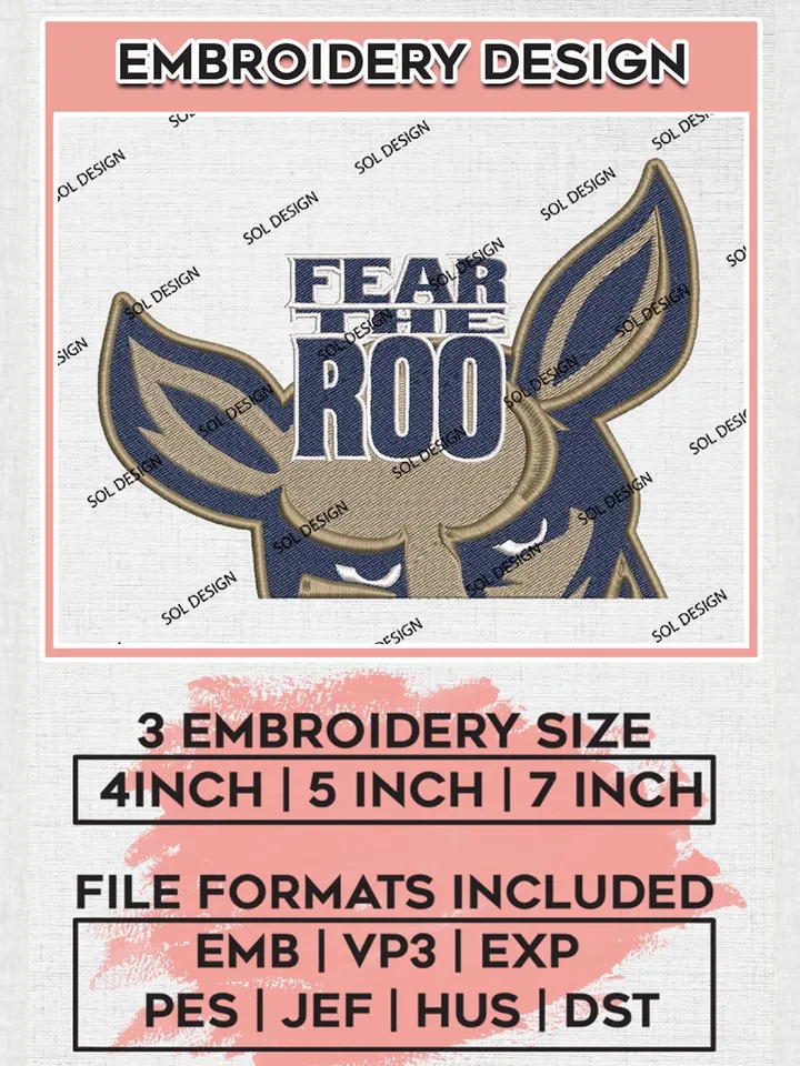NCAA Fear The Roo College Team Logo Embroidery Design Files, NCAA Akron Zips Machine Embroidery, NCAA Teams, 3 sizes, NCAA Machine embroidery designs, Digital Download
