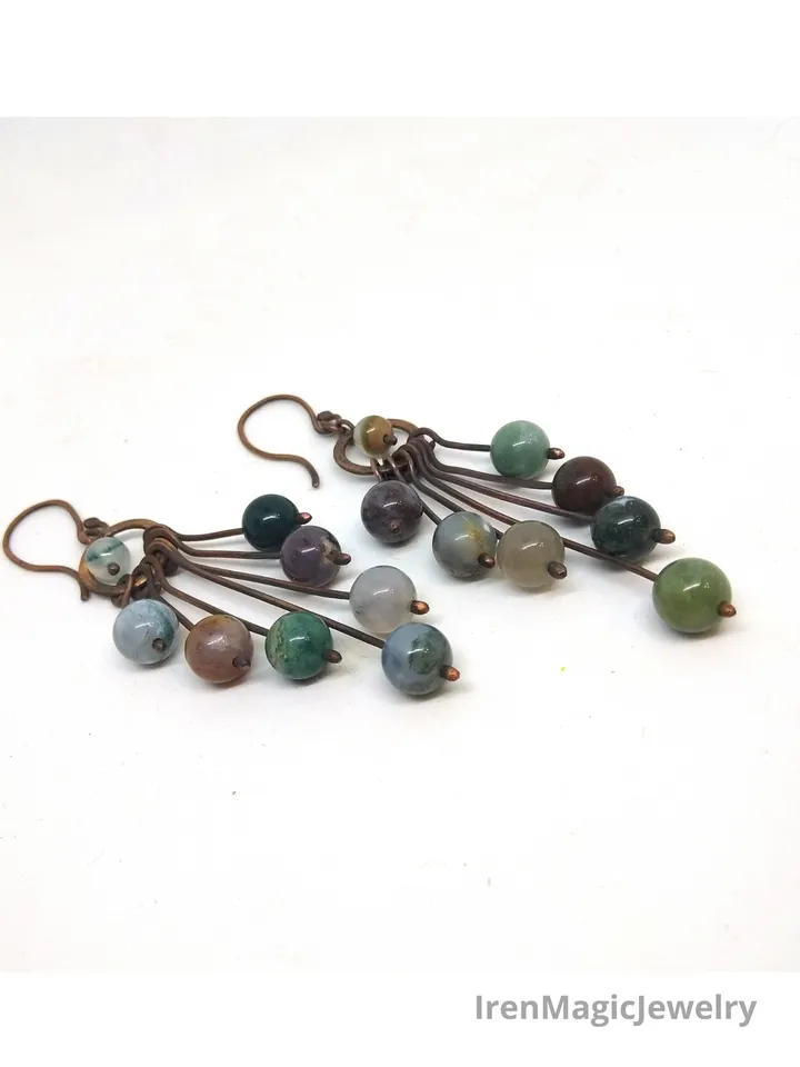 Boho Earrings Indian Agate Cluster Hanging