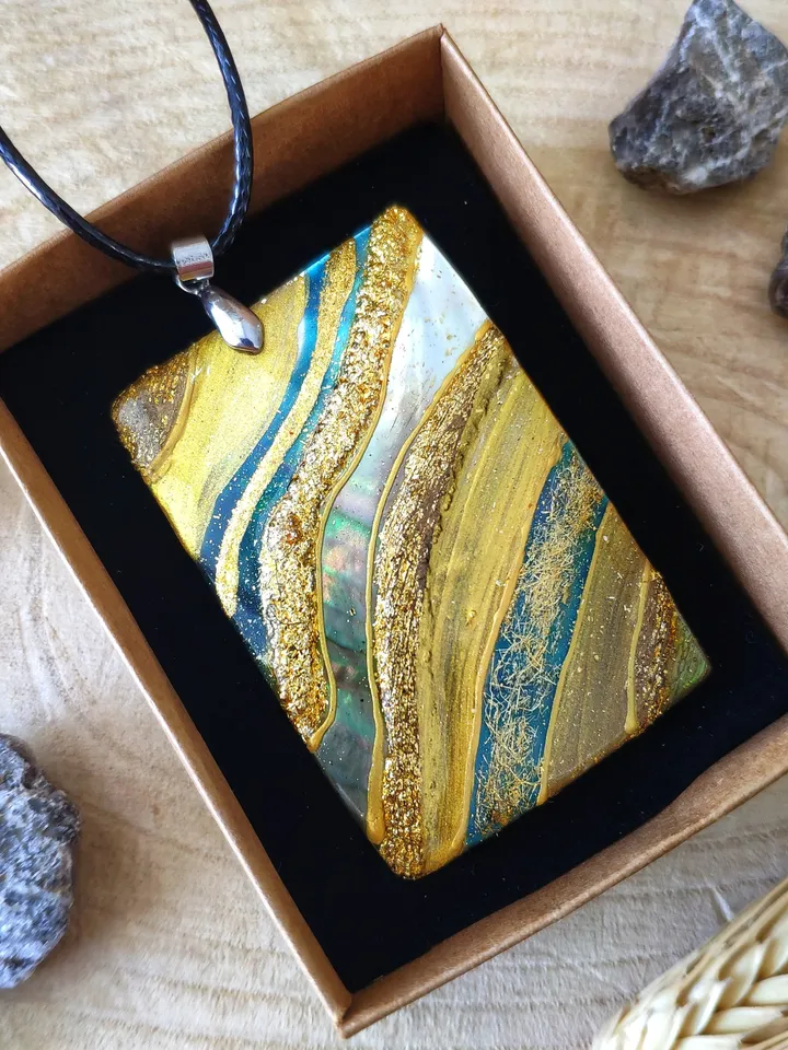 Pearl pendant necklace: Gold blue water on handmade jewelry • abstract art style • trendy necklace for woman • astonishing gift for her