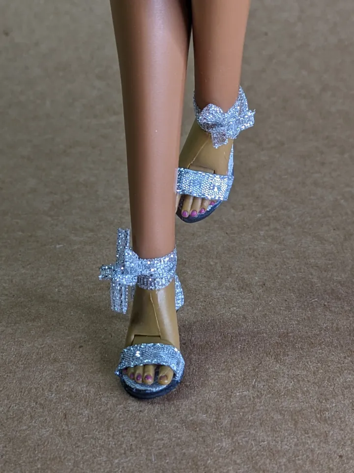 Handmade silver sandals with ribbon for 16-inch Fashion Royalty doll (FR16)