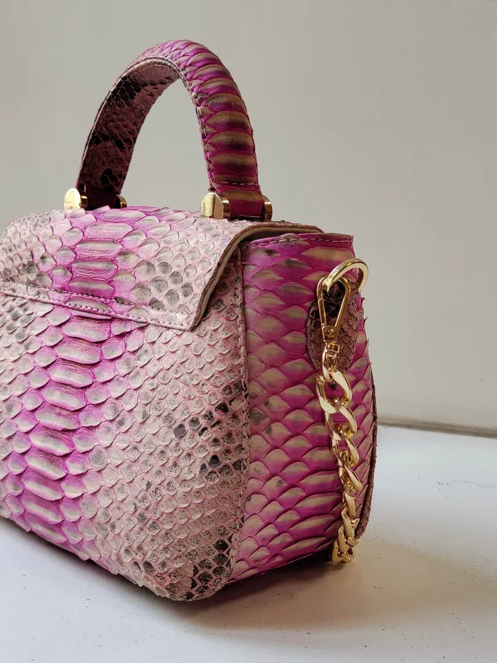 Genuine python top handle bag / designer bag / exotic leather bag / baby pink multicolor summer bag / snake print designer classy purse