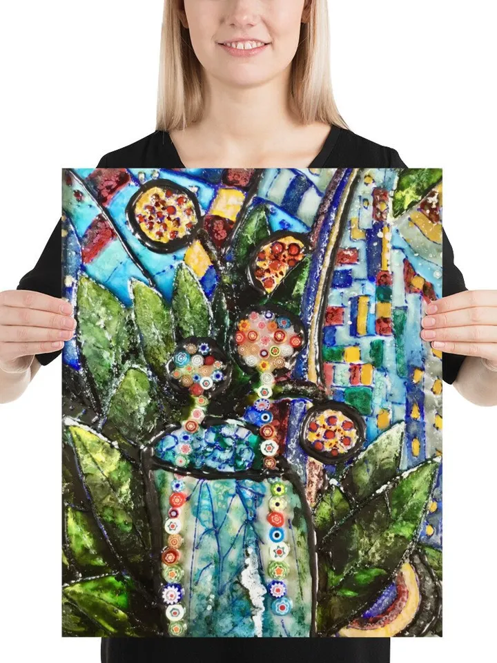 Poster from my original painting on glass,colourful flowers in a vase,unique design home decoration wall art.