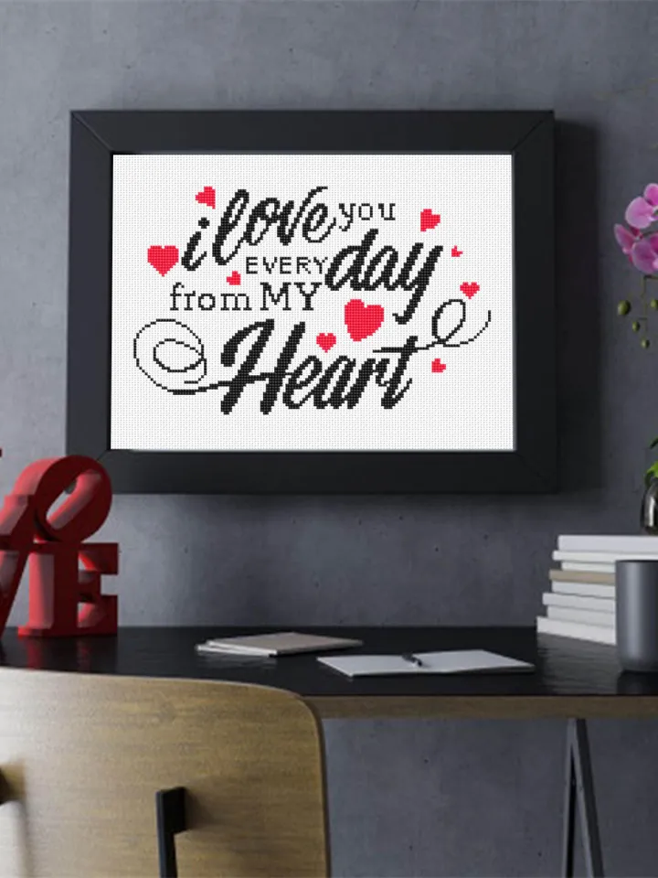 Love quote cross stitch pattern download PDF Love lettering I love you every day cross stitch chart, Valentines day gift Beginner stitch #V4