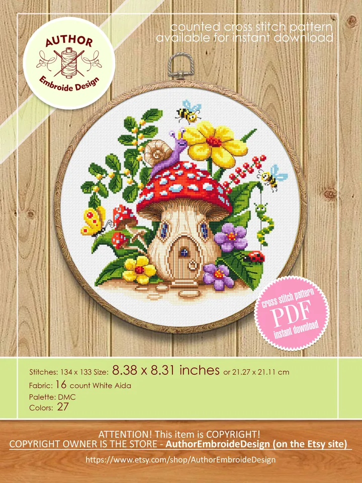 Magic mushroom house cross stitch pattern PDF download Fairy mushroom cross stitch chart, Summer flowers, Fly agaric Amanita, Butterfly #L66