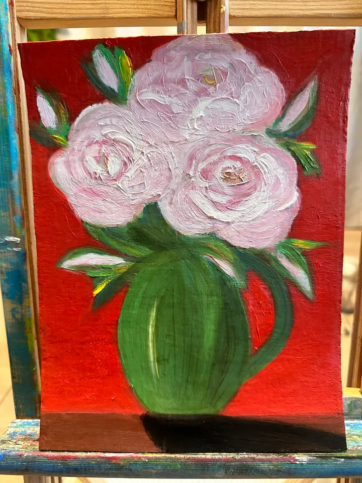 Oil Painting Peonies in a Green Jug Flowers Bouquet of Peonies Still Life Cardboard 9 inches x 7 inches 24 cm x 18 cm Modern Art Wall Decor