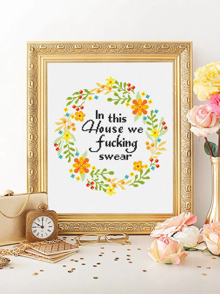 Framed quote cross stitch pattern Flower wreath cross stitch Instant download PDF, Floral frame design, In this house we fucking swear #Q24