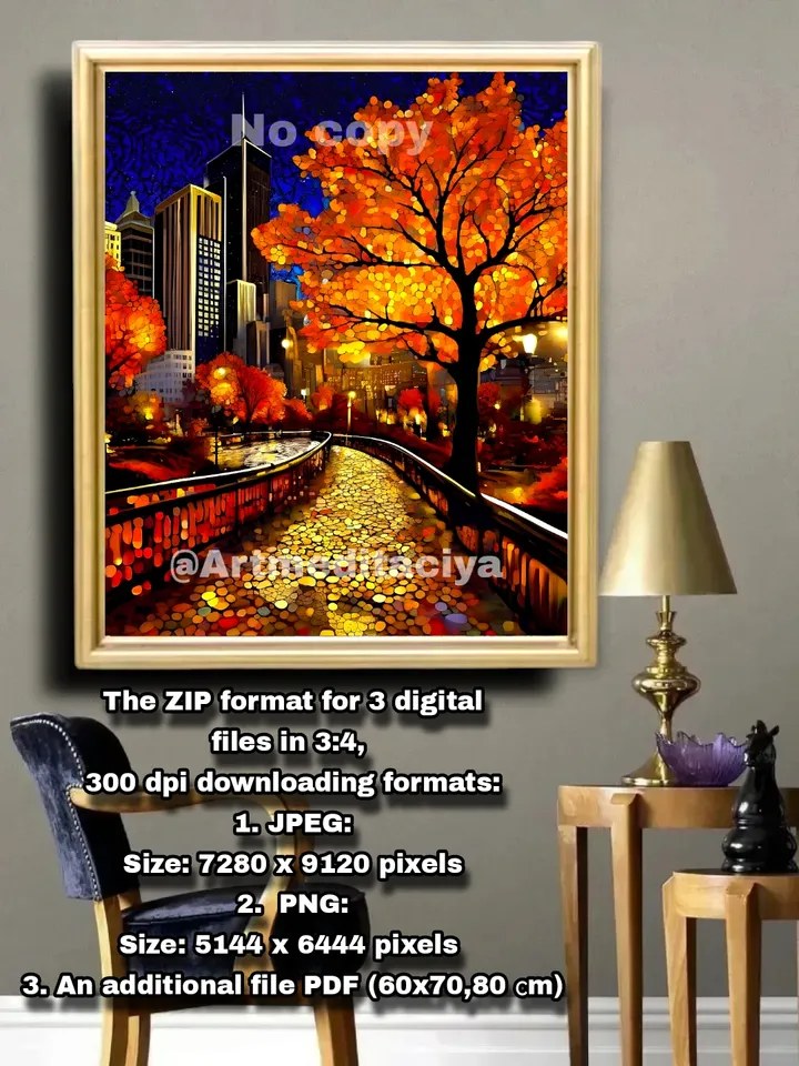 Modern digital painting "Autumn New York" is an abstraction of the night city in a bronze-gold shade with gray-blue, yellow-orange black inclusions in the Zenart style, pointillism, interior painting