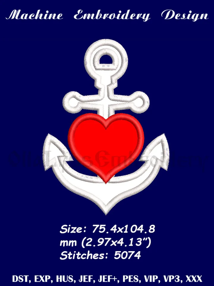 Anchor with heart free embroidery design