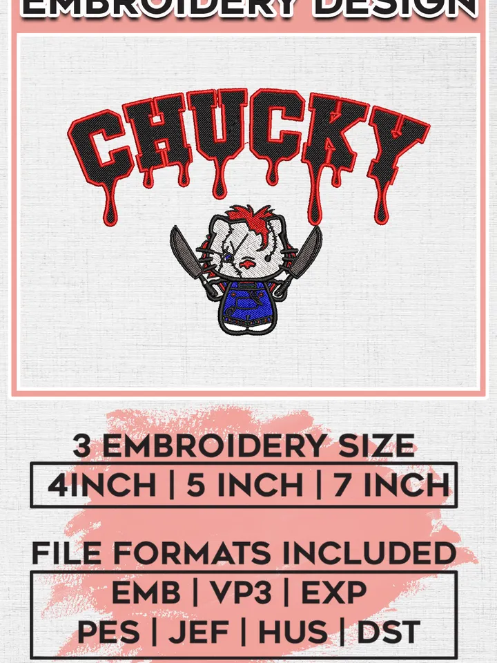 Halloween Hello Kitty x Chucky Drop Name Embroidery designs, Horror Character Machine embroidery designs, Halloween embroidery files, Spooky Season Machine Embroidery Digitized Pes Files, Digital Download