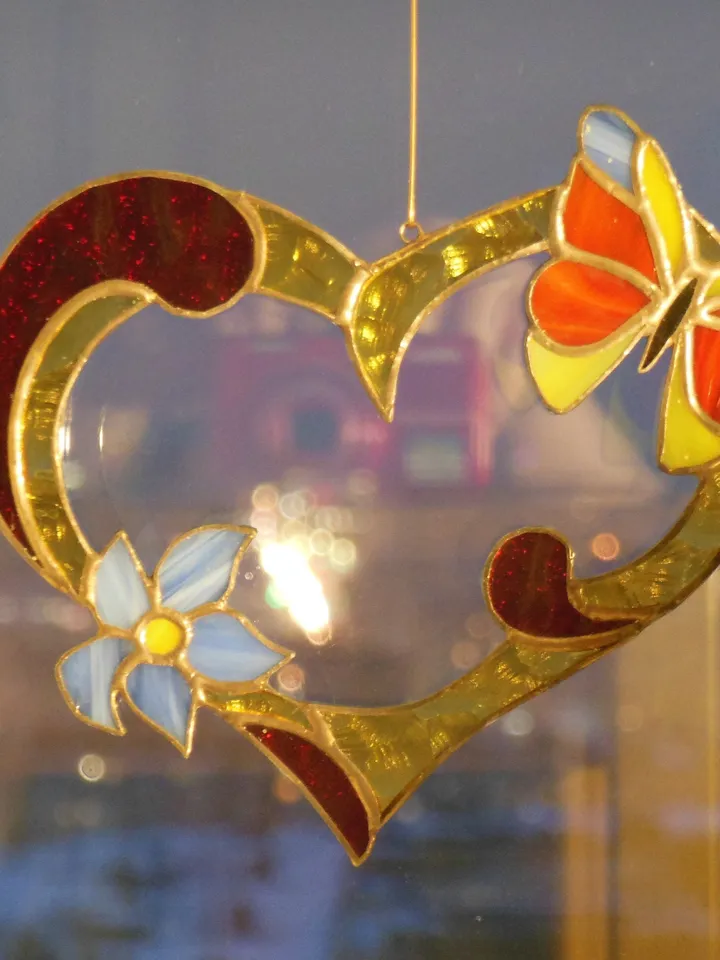 Valentine Heart with Flower and Butterfly . Red Yellow Blue . Art Stained glass window hanging Suncatcher