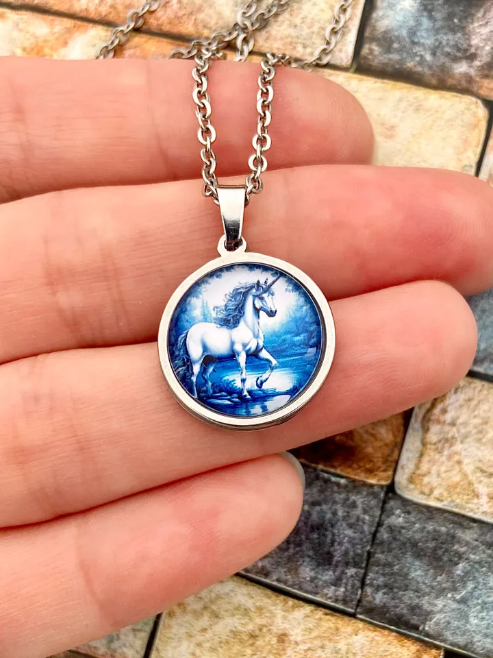 White Unicorn necklace, steel pendant with glass, Horse lover gift, Fantasy charm