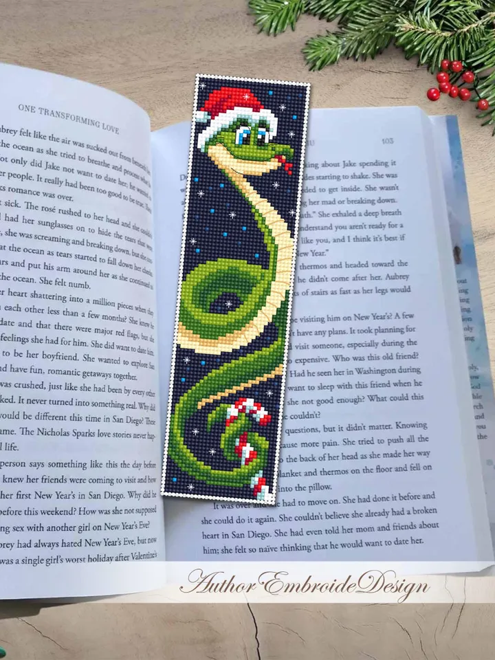 Christmas bookmark cross stitch pattern PDF download Cute snake cross stitch chart, Snake bookmark pattern digital PDF, Happy new year #B359